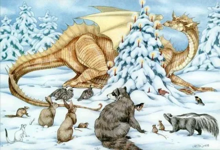 golden dragon puts star on christmas tree.webp